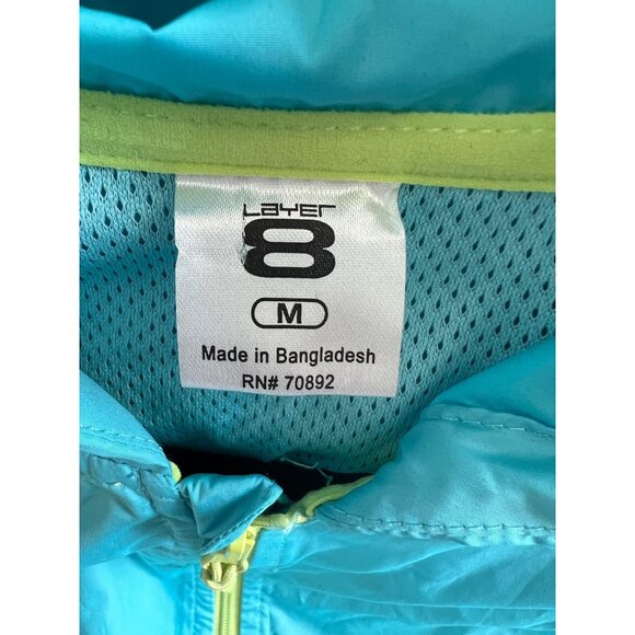 Layer 8 Light Blue w/Lime Green Lining Hooded Windbreaker - Size Medium - Picture 8 of 8